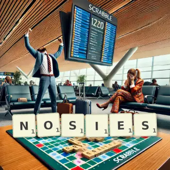 Creative illustration for a Scrabble game with the word NOSIES spelled out in tiles on the board.