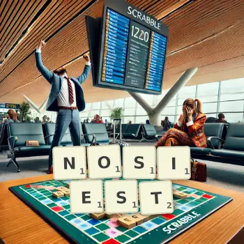 Creative illustration for a Scrabble game with the word NOSIEST spelled out in tiles on the board.