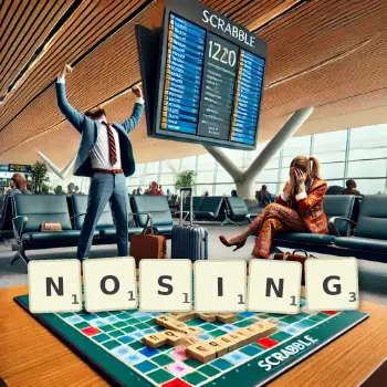 Creative illustration for a Scrabble game with the word NOSING spelled out in tiles on the board.