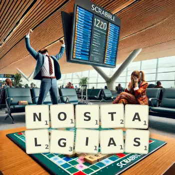 Creative illustration for a Scrabble game with the word NOSTALGIAS spelled out in tiles on the board.