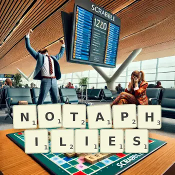 Creative illustration for a Scrabble game with the word NOTAPHILIES spelled out in tiles on the board.