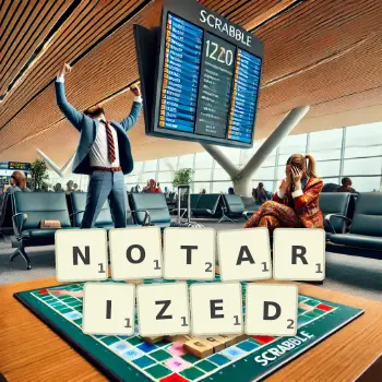 Creative illustration for a Scrabble game with the word NOTARIZED spelled out in tiles on the board.
