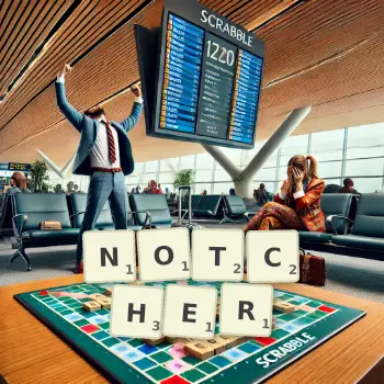 Creative illustration for a Scrabble game with the word NOTCHER spelled out in tiles on the board.