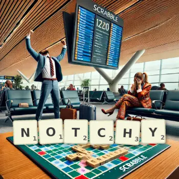 Creative illustration for a Scrabble game with the word NOTCHY spelled out in tiles on the board.