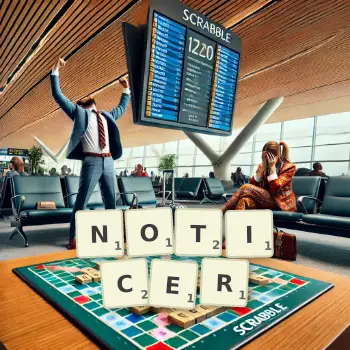 Creative illustration for a Scrabble game with the word NOTICER spelled out in tiles on the board.
