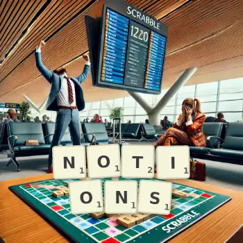 Creative illustration for a Scrabble game with the word NOTIONS spelled out in tiles on the board.