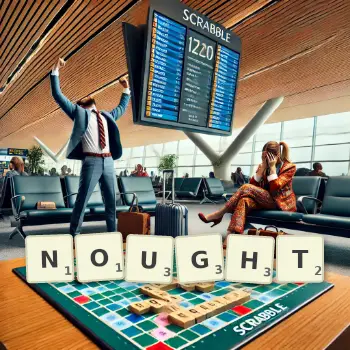 Creative illustration for a Scrabble game with the word NOUGHT spelled out in tiles on the board.