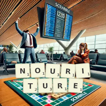 Creative illustration for a Scrabble game with the word NOURITURE spelled out in tiles on the board.