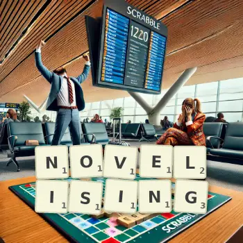 Creative illustration for a Scrabble game with the word NOVELISING spelled out in tiles on the board.