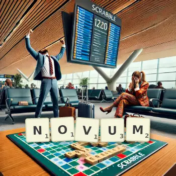 Creative illustration for a Scrabble game with the word NOVUM spelled out in tiles on the board.