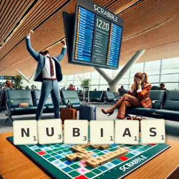 Creative illustration for a Scrabble game with the word NUBIAS spelled out in tiles on the board.