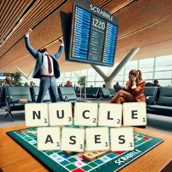 Creative illustration for a Scrabble game with the word NUCLEASES spelled out in tiles on the board.