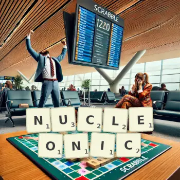 Creative illustration for a Scrabble game with the word NUCLEONIC spelled out in tiles on the board.