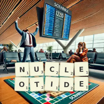 Creative illustration for a Scrabble game with the word NUCLEOTIDE spelled out in tiles on the board.