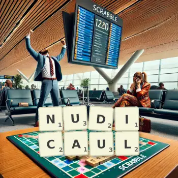 Creative illustration for a Scrabble game with the word NUDICAUL spelled out in tiles on the board.