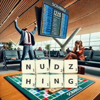 Creative illustration for a Scrabble game with the word NUDZHING spelled out in tiles on the board.
