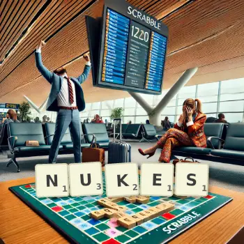 Creative illustration for a Scrabble game with the word NUKES spelled out in tiles on the board.