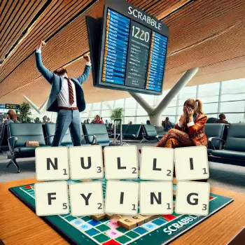 Creative illustration for a Scrabble game with the word NULLIFYING spelled out in tiles on the board.