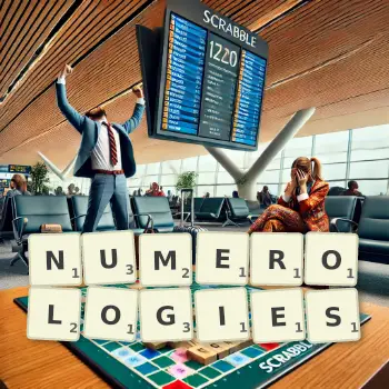 Creative illustration for a Scrabble game with the word NUMEROLOGIES spelled out in tiles on the board.