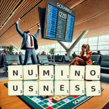 Creative illustration for a Scrabble game with the word NUMINOUSNESS spelled out in tiles on the board.