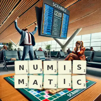 Creative illustration for a Scrabble game with the word NUMISMATIC spelled out in tiles on the board.
