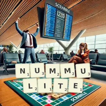 Creative illustration for a Scrabble game with the word NUMMULITE spelled out in tiles on the board.