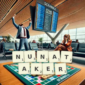 Creative illustration for a Scrabble game with the word NUNATAKER spelled out in tiles on the board.