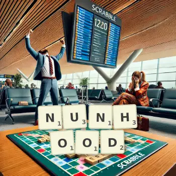 Creative illustration for a Scrabble game with the word NUNHOOD spelled out in tiles on the board.