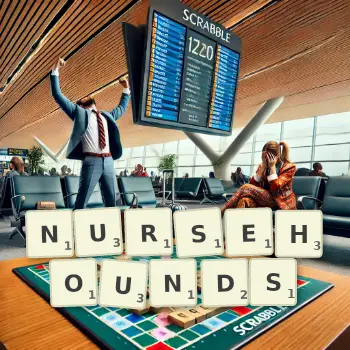 Creative illustration for a Scrabble game with the word NURSEHOUNDS spelled out in tiles on the board.