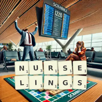 Creative illustration for a Scrabble game with the word NURSELINGS spelled out in tiles on the board.