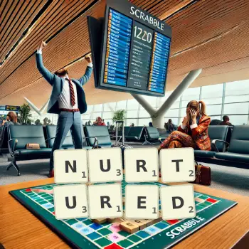 Creative illustration for a Scrabble game with the word NURTURED spelled out in tiles on the board.