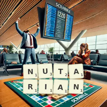 Creative illustration for a Scrabble game with the word NUTARIAN spelled out in tiles on the board.