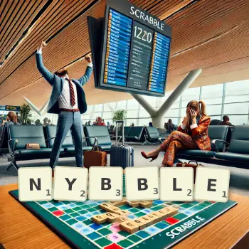 Creative illustration for a Scrabble game with the word NYBBLE spelled out in tiles on the board.