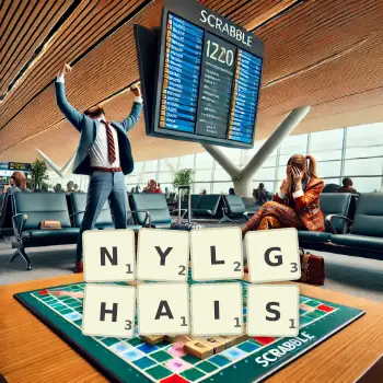 Creative illustration for a Scrabble game with the word NYLGHAIS spelled out in tiles on the board.