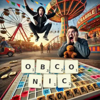 Creative illustration for a Scrabble game with the word OBCONIC spelled out in tiles on the board.