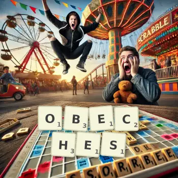 Creative illustration for a Scrabble game with the word OBECHES spelled out in tiles on the board.