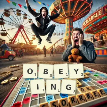 Creative illustration for a Scrabble game with the word OBEYING spelled out in tiles on the board.