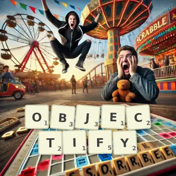 Creative illustration for a Scrabble game with the word OBJECTIFY spelled out in tiles on the board.