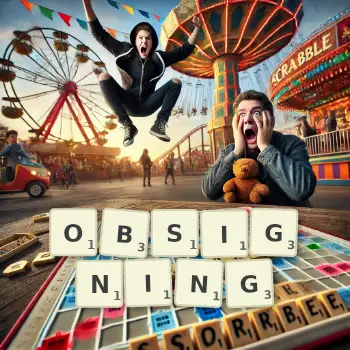 Creative illustration for a Scrabble game with the word OBSIGNING spelled out in tiles on the board.