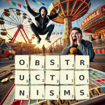 Creative illustration for a Scrabble game with the word OBSTRUCTIONISMS spelled out in tiles on the board.