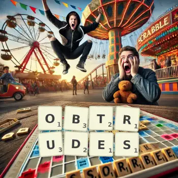 Creative illustration for a Scrabble game with the word OBTRUDES spelled out in tiles on the board.