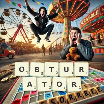 Creative illustration for a Scrabble game with the word OBTURATOR spelled out in tiles on the board.