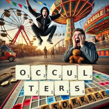 Creative illustration for a Scrabble game with the word OCCULTERS spelled out in tiles on the board.