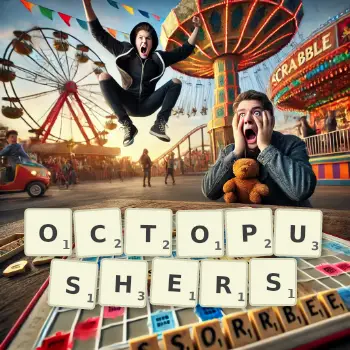 Creative illustration for a Scrabble game with the word OCTOPUSHERS spelled out in tiles on the board.