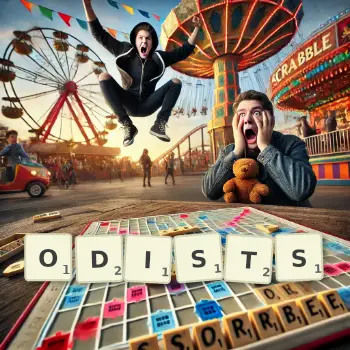 Creative illustration for a Scrabble game with the word ODISTS spelled out in tiles on the board.
