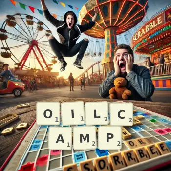 Creative illustration for a Scrabble game with the word OILCAMP spelled out in tiles on the board.