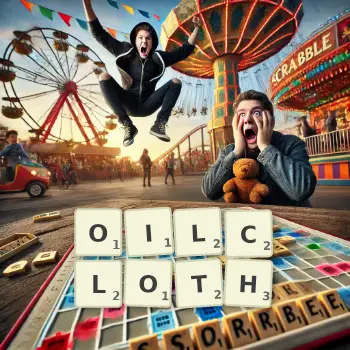 Creative illustration for a Scrabble game with the word OILCLOTH spelled out in tiles on the board.