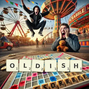 Creative illustration for a Scrabble game with the word OLDISH spelled out in tiles on the board.
