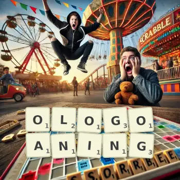 Creative illustration for a Scrabble game with the word OLOGOANING spelled out in tiles on the board.