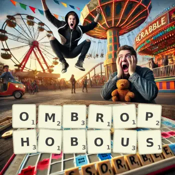 Creative illustration for a Scrabble game with the word OMBROPHOBOUS spelled out in tiles on the board.